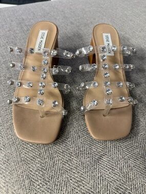 Steve Madden Clear-Strap Jeweled Slide Sandals in Nude/Tan